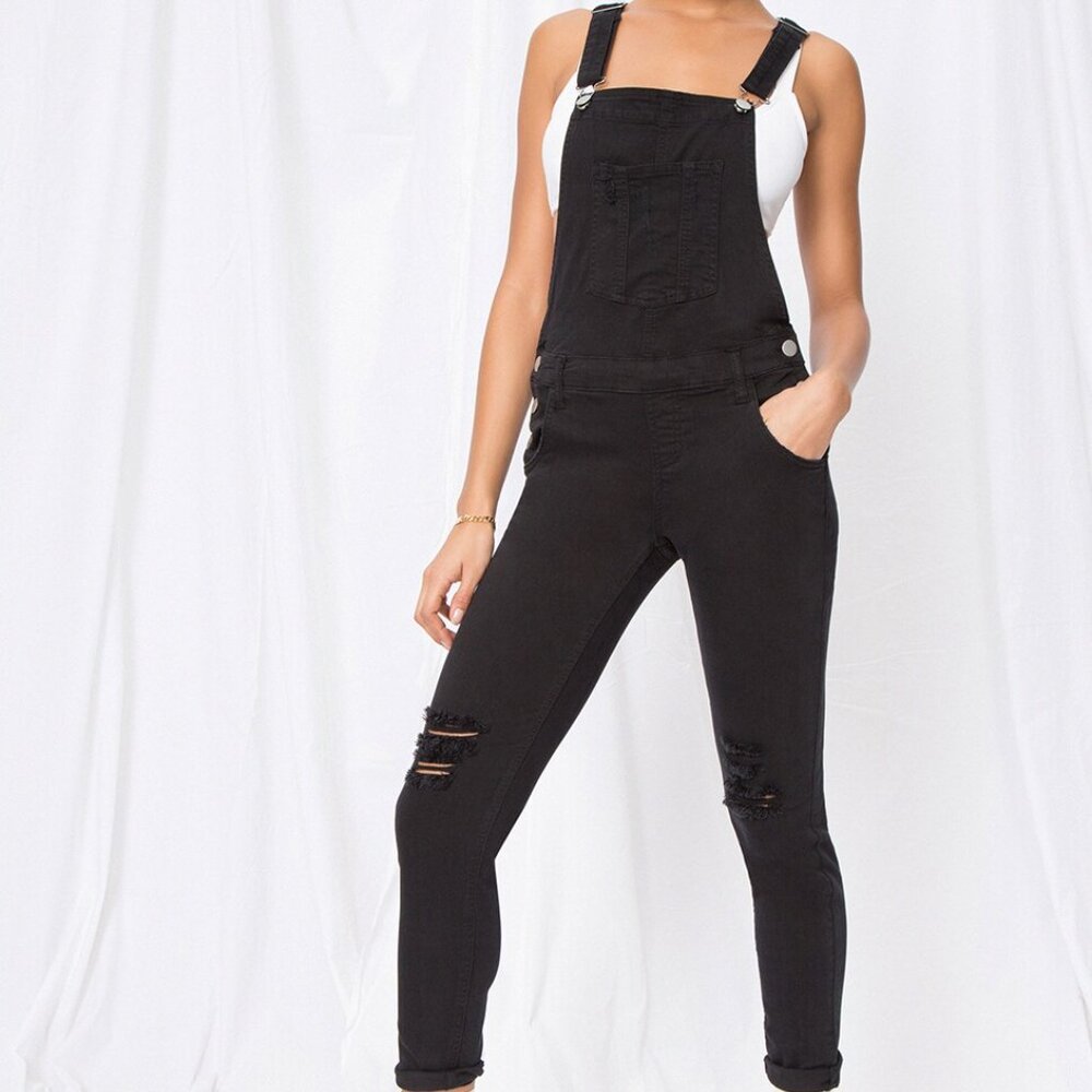 Superdown Gia Denim Black Distressed Overalls - size XS